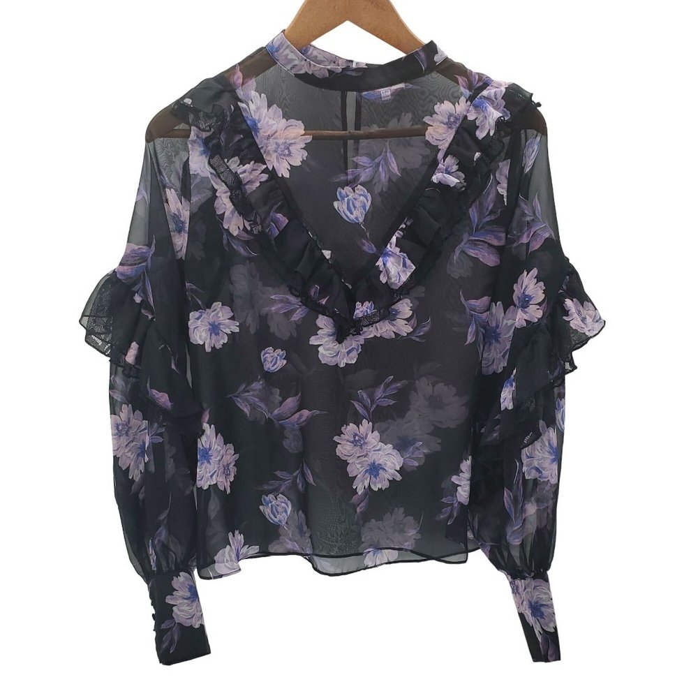 TOBI Womens Sheer Floral Ruffle Blouse Sz L Black Purple Long‎ Sleeve Bohemian